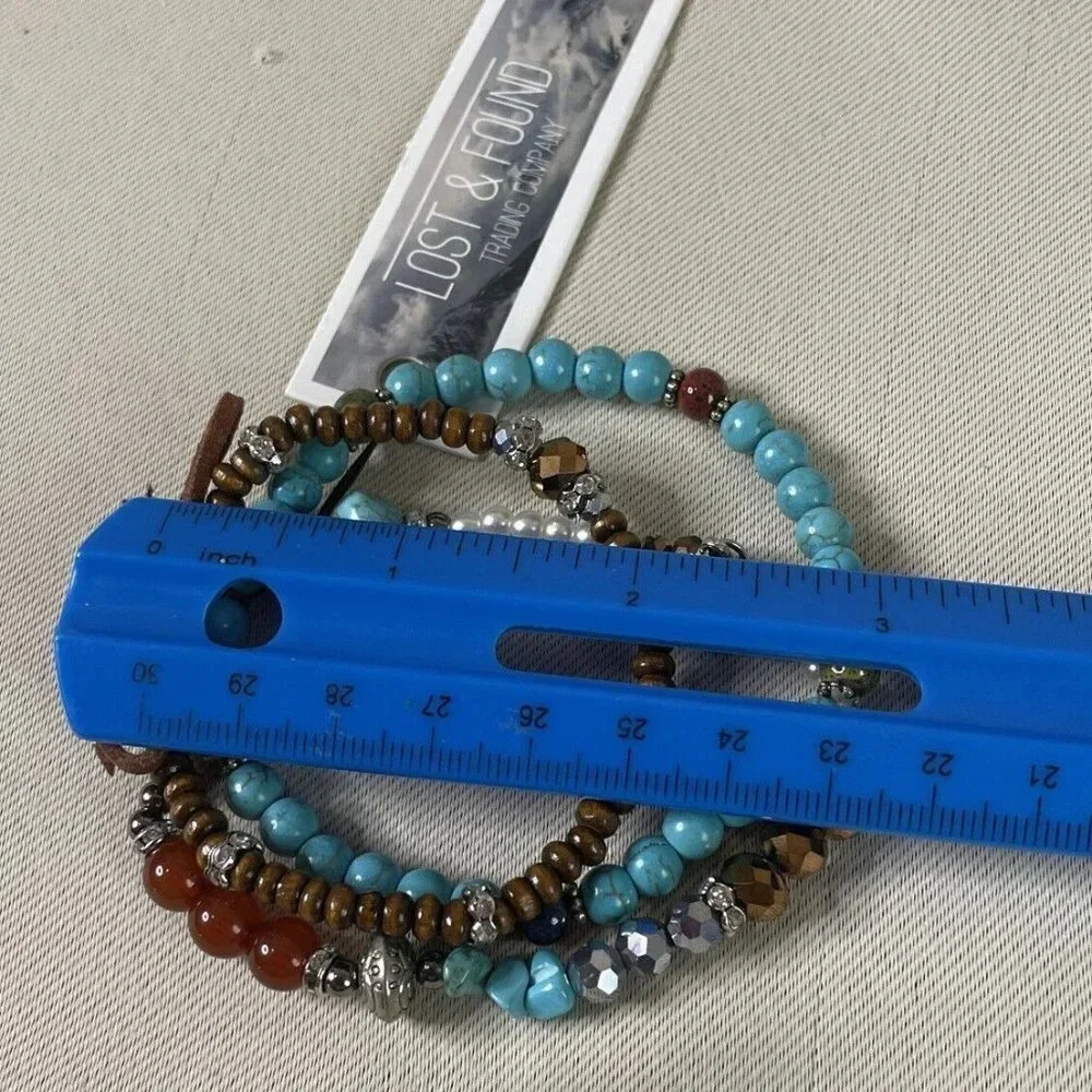 Lost‎ & Found Trading Company 3 Strand Bracelet Turquoise Wood Beads Stretch NEW